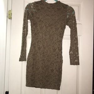 tan long sleeve bodycon lace homecoming dress